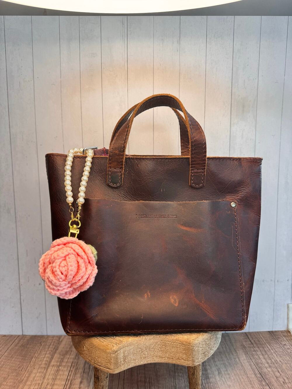 Crochet Bag Charm Crochet Pearl Light Pink Rose Charm Pearl Wristlet Flower
